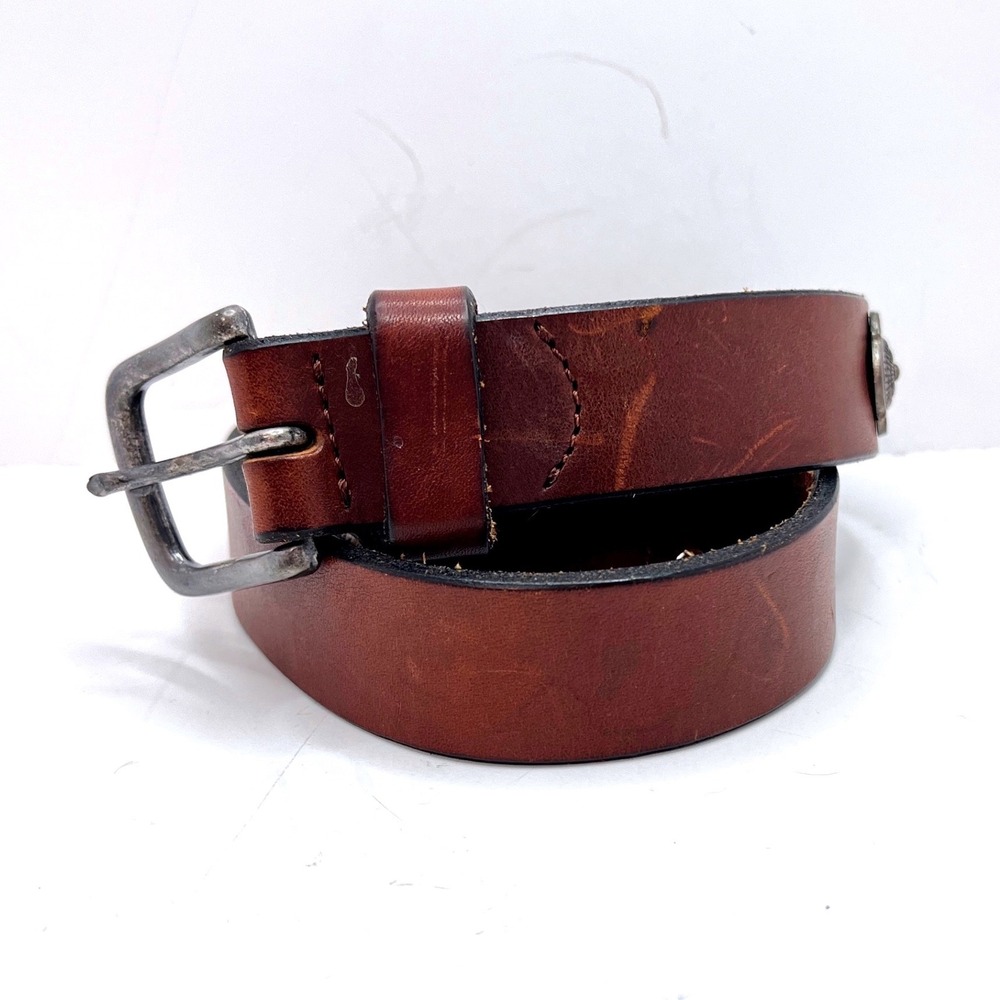 Brown Leather Whipstitch Belt Size 36 Made in Argentina Blue Green Stitch Concho